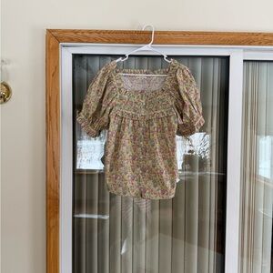 Doen Yellow Multi Floral Smocked Square-Neck Blouse